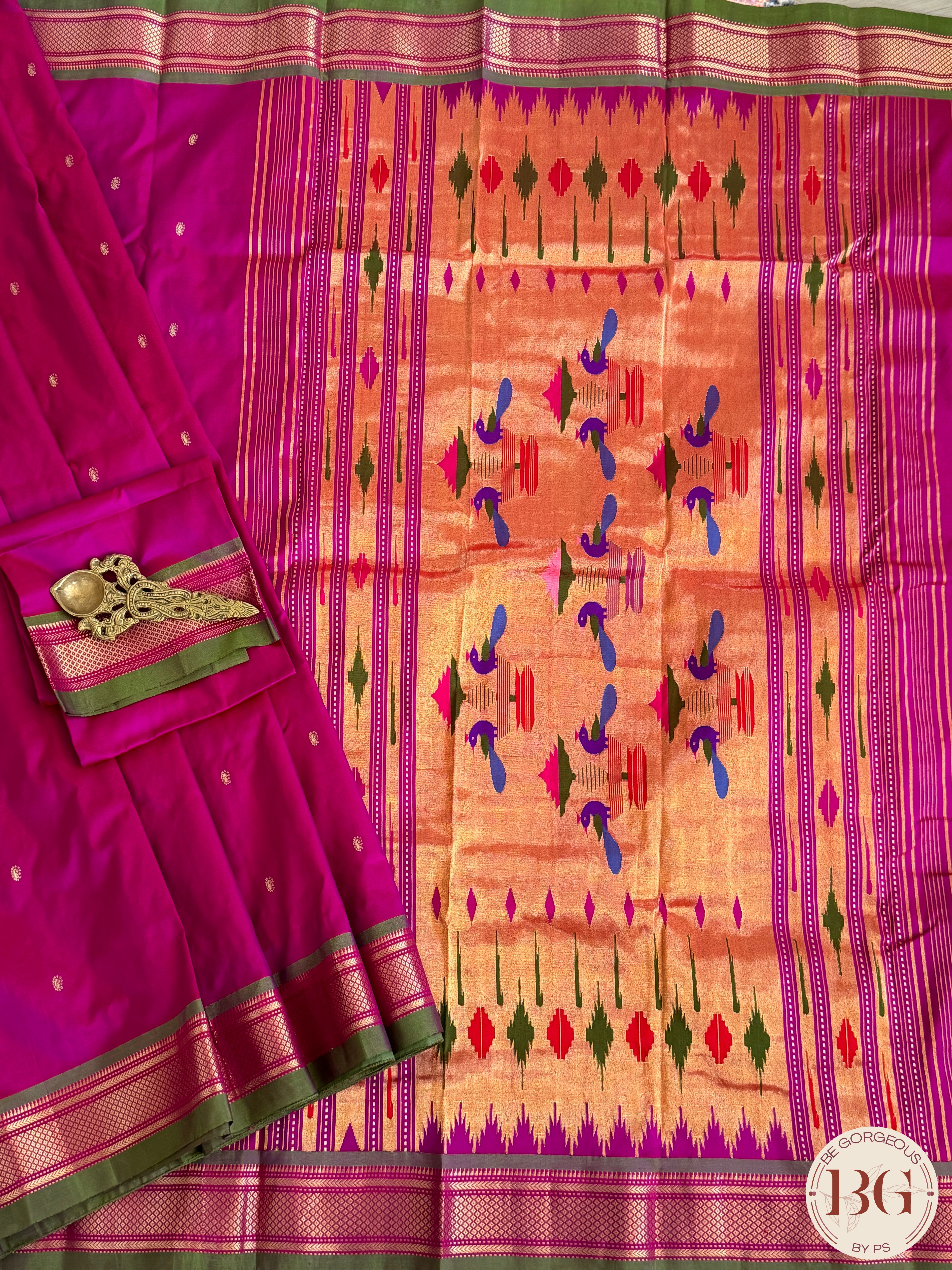 Paithani Pure Silk Handloom Saree - Purple Pink with green