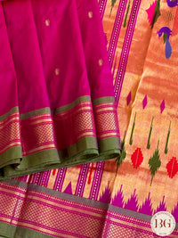 Paithani Pure Silk Handloom Saree - Purple Pink with green