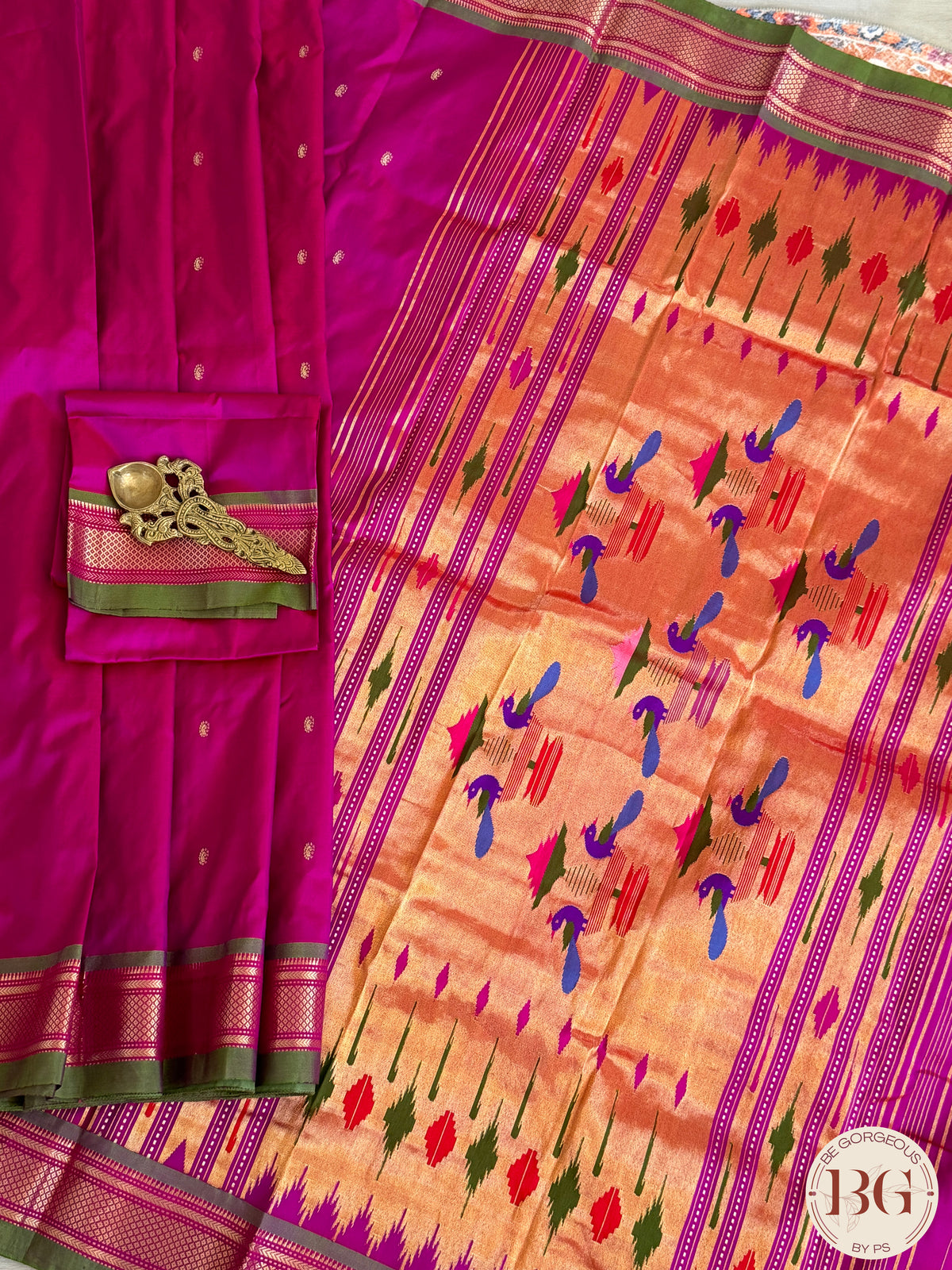 Paithani Pure Silk Handloom Saree - Purple Pink with green