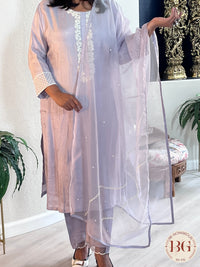Party wear muslin silk 3 piece suit with organza dupatta in gorgeous lavendar color