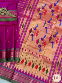 Paithani Pure Silk Handloom Saree - Purple Pink with green