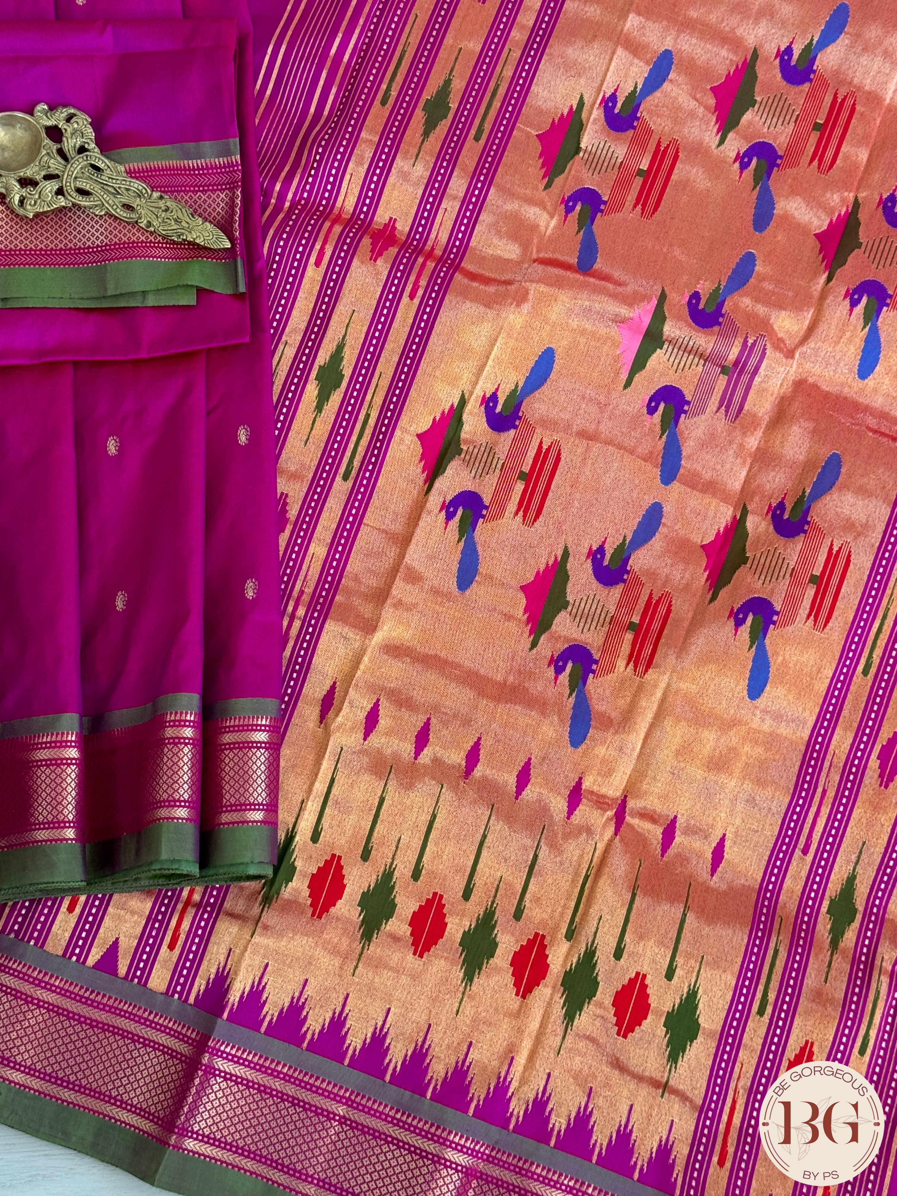 Paithani Pure Silk Handloom Saree - Purple Pink with green