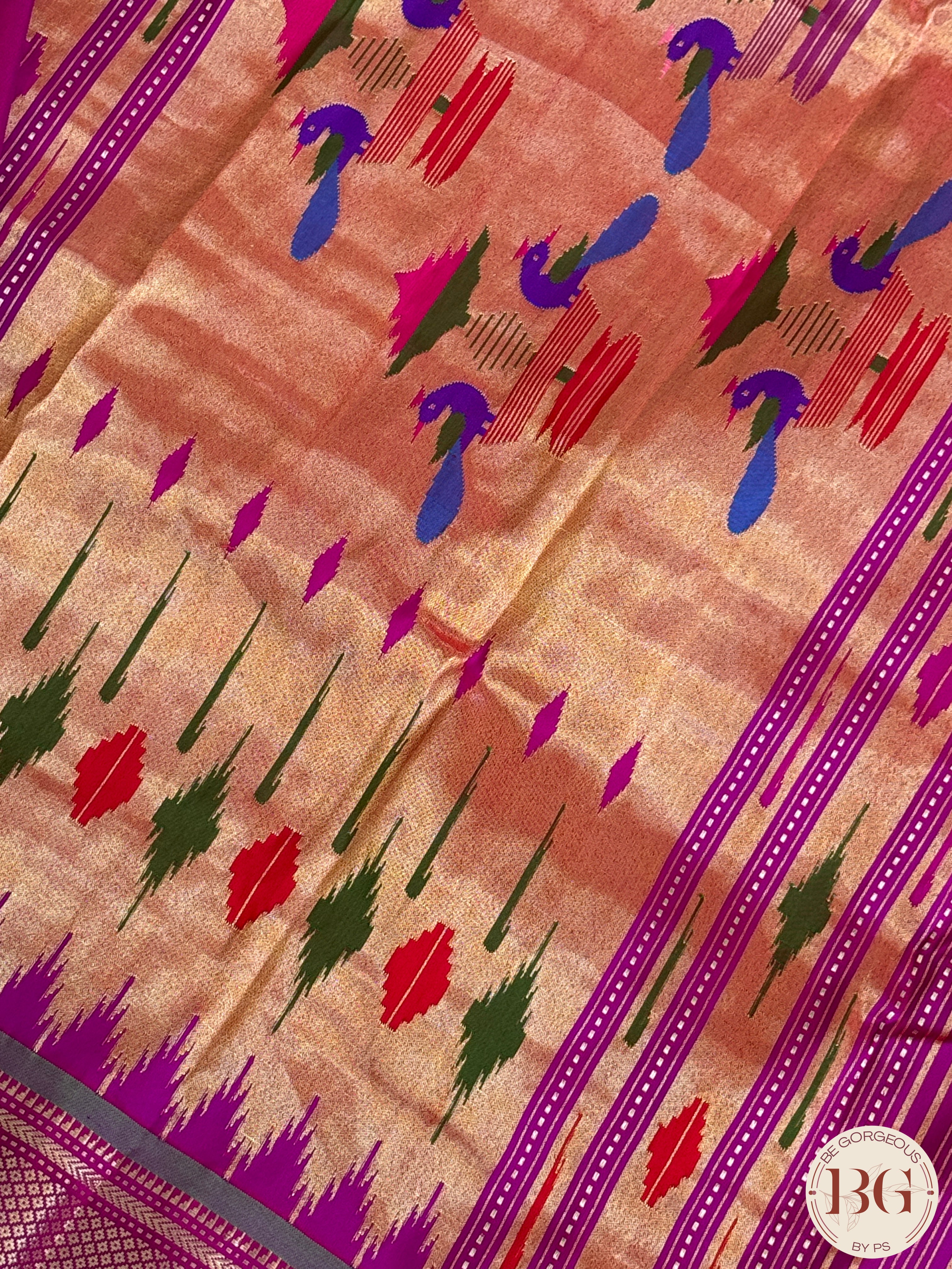 Paithani Pure Silk Handloom Saree - Purple Pink with green