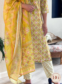 3-piece dupatta set in mehendi color with full size dupatta and gorgeous print all over