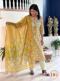 3-piece dupatta set in mehendi color with full size dupatta and gorgeous print all over