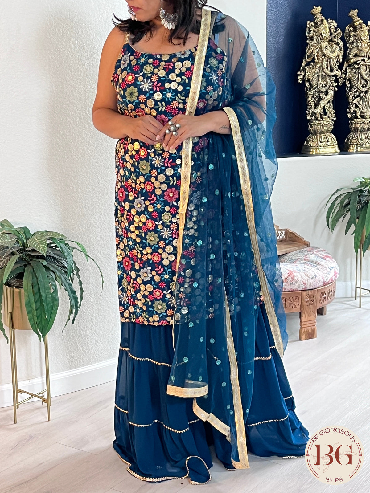 Sharara Set 3-piece with embroidery in blue color