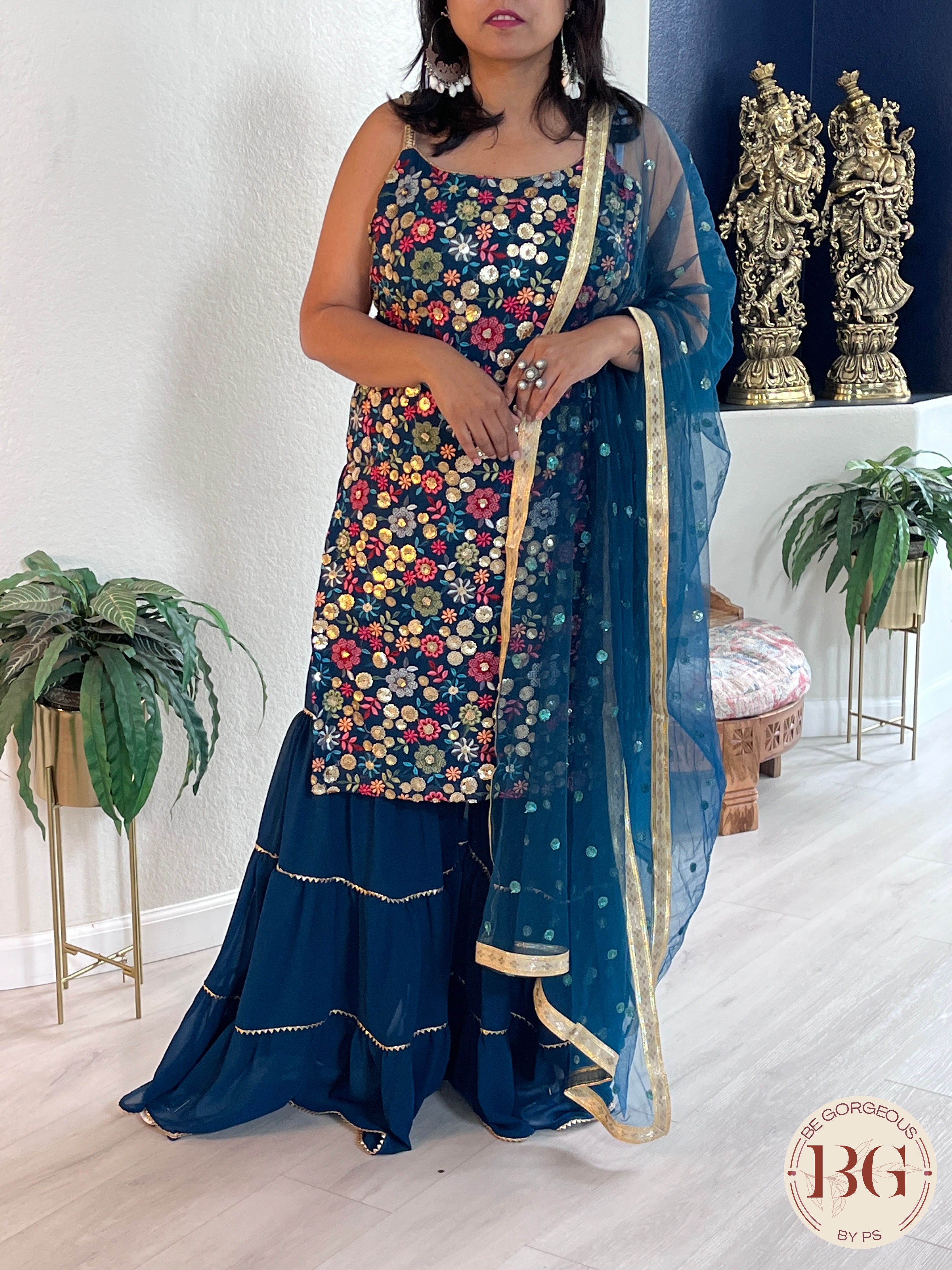 Sharara Set 3-piece with embroidery in blue color