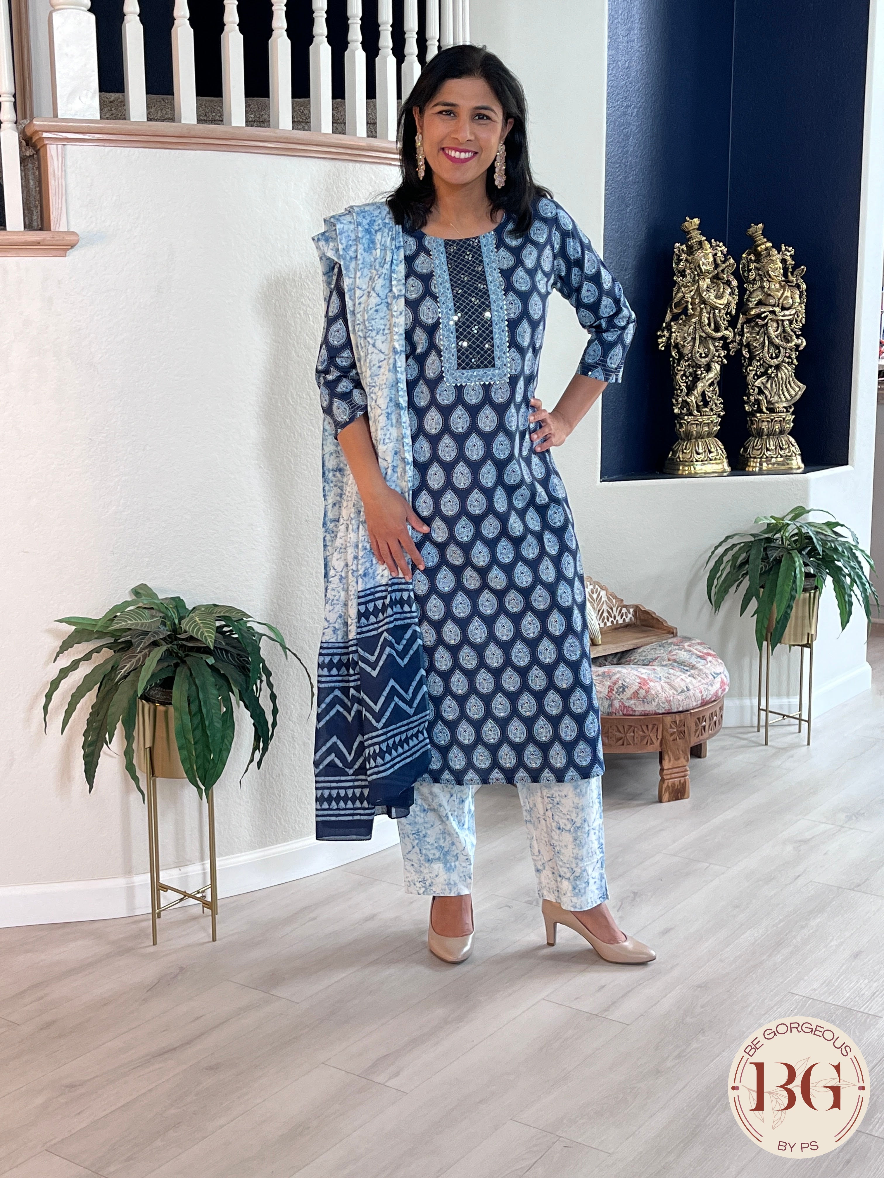 3-piece cotton suit set in gorgeous indigo print