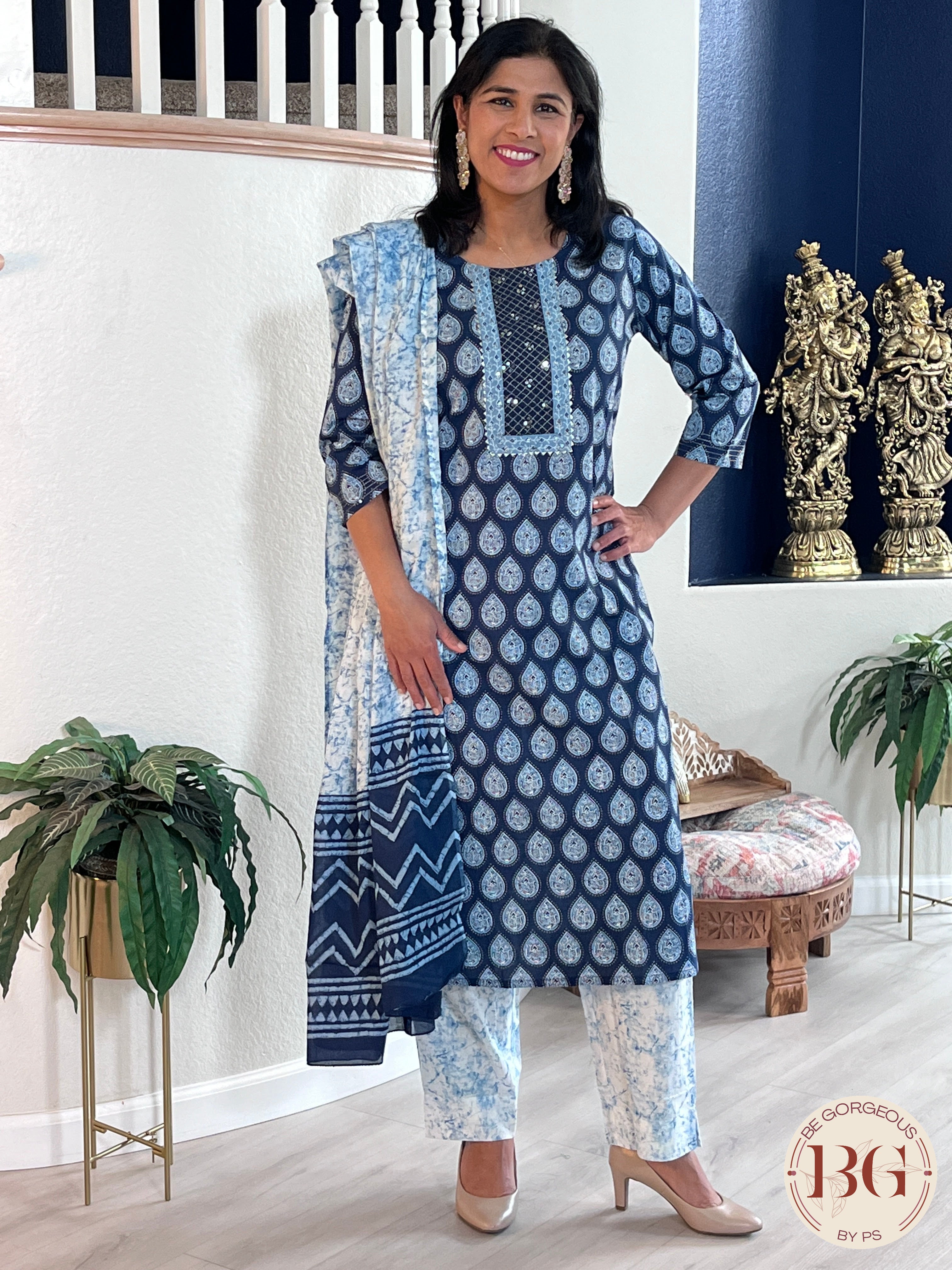 3-piece cotton suit set in gorgeous indigo print