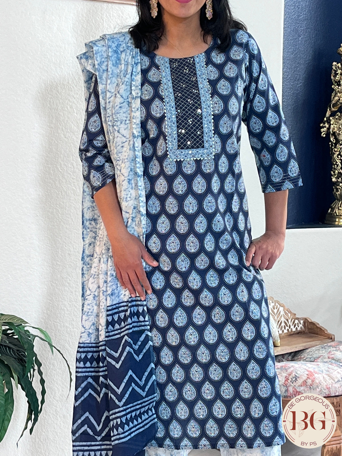 3-piece cotton suit set in gorgeous indigo print