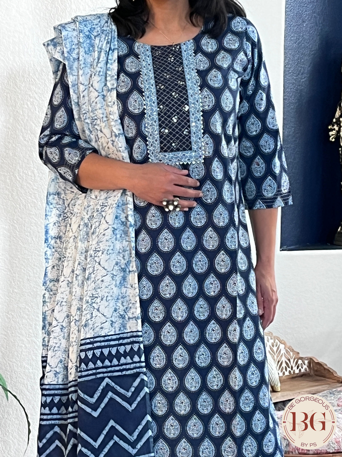 3-piece cotton suit set in gorgeous indigo print