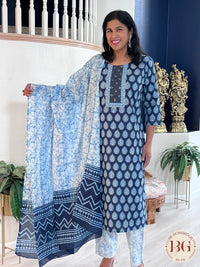 3-piece cotton suit set in gorgeous indigo print