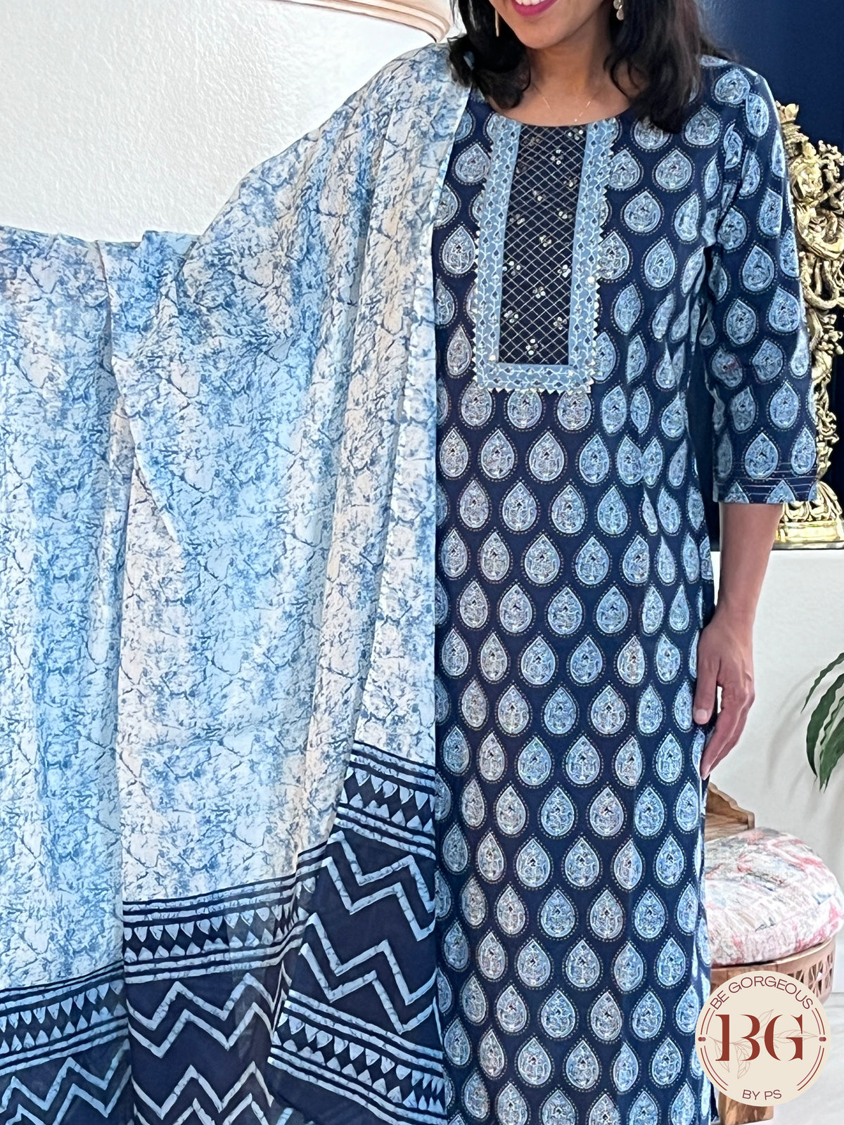 3-piece cotton suit set in gorgeous indigo print