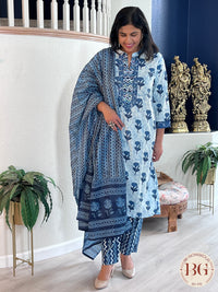 3-piece cotton suit set with indigo print and full size dupatta