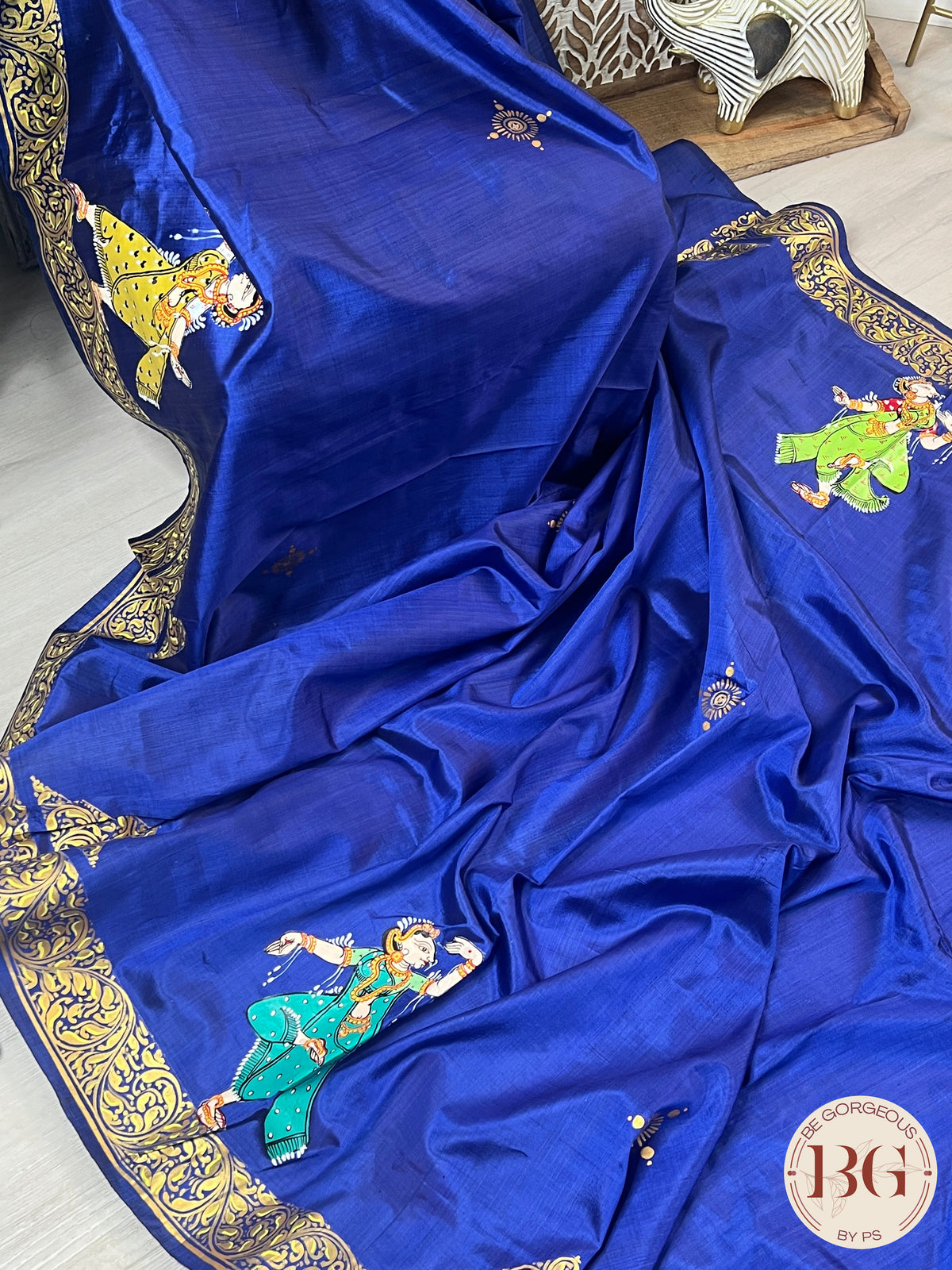 Handpainted Pure Silk Pattachitra Saree color - blue