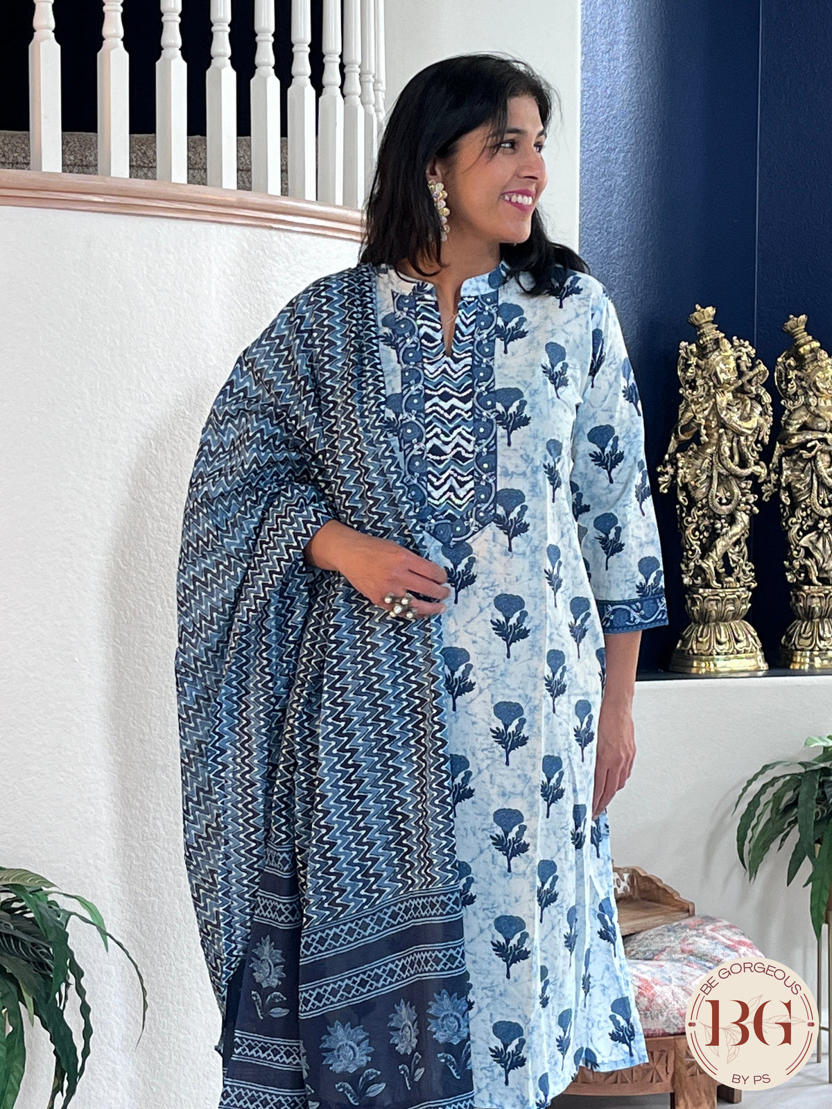 3-piece cotton suit set with indigo print and full size dupatta