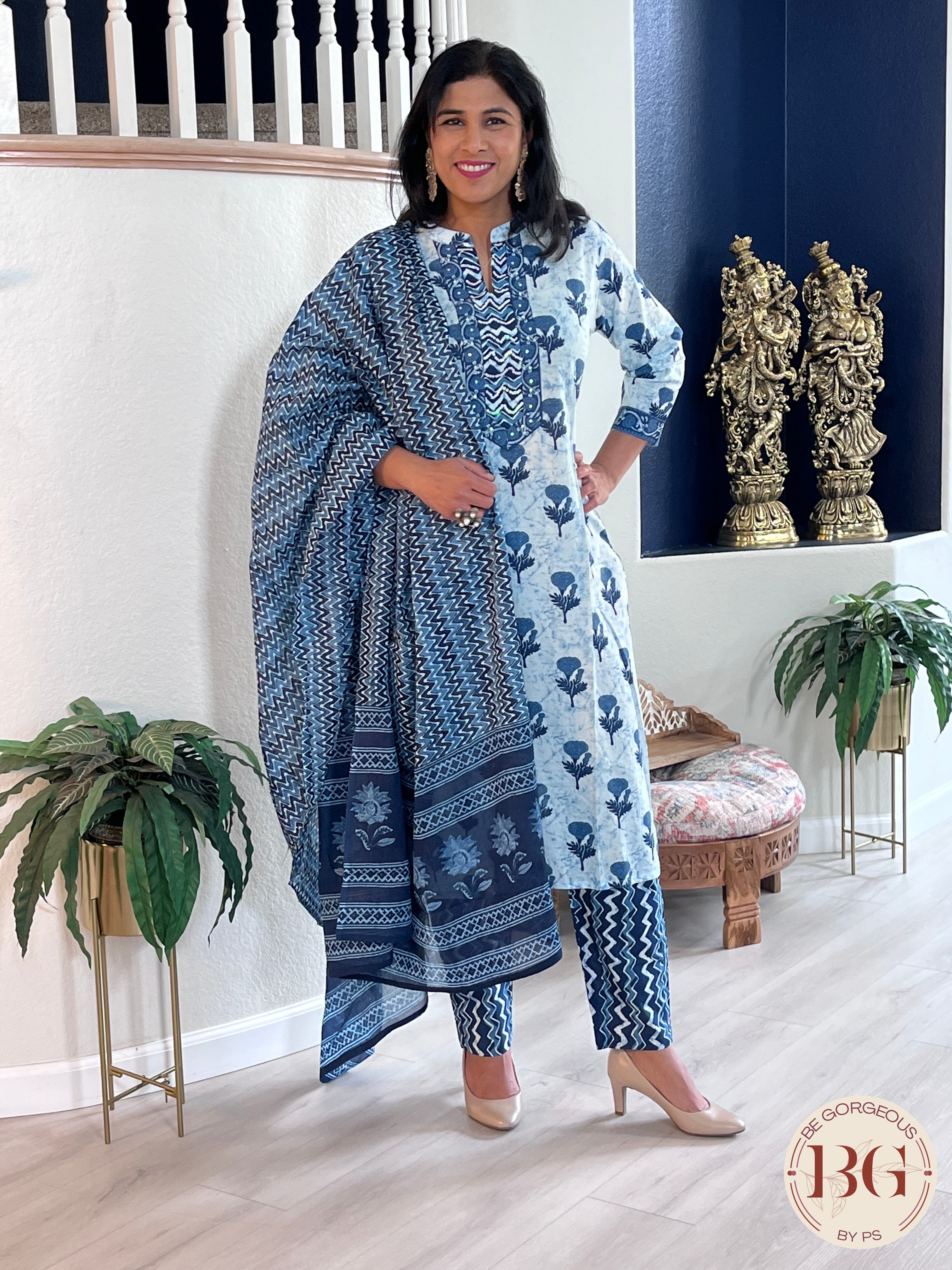 3-piece cotton suit set with indigo print and full size dupatta