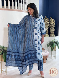 3-piece cotton suit set with indigo print and full size dupatta