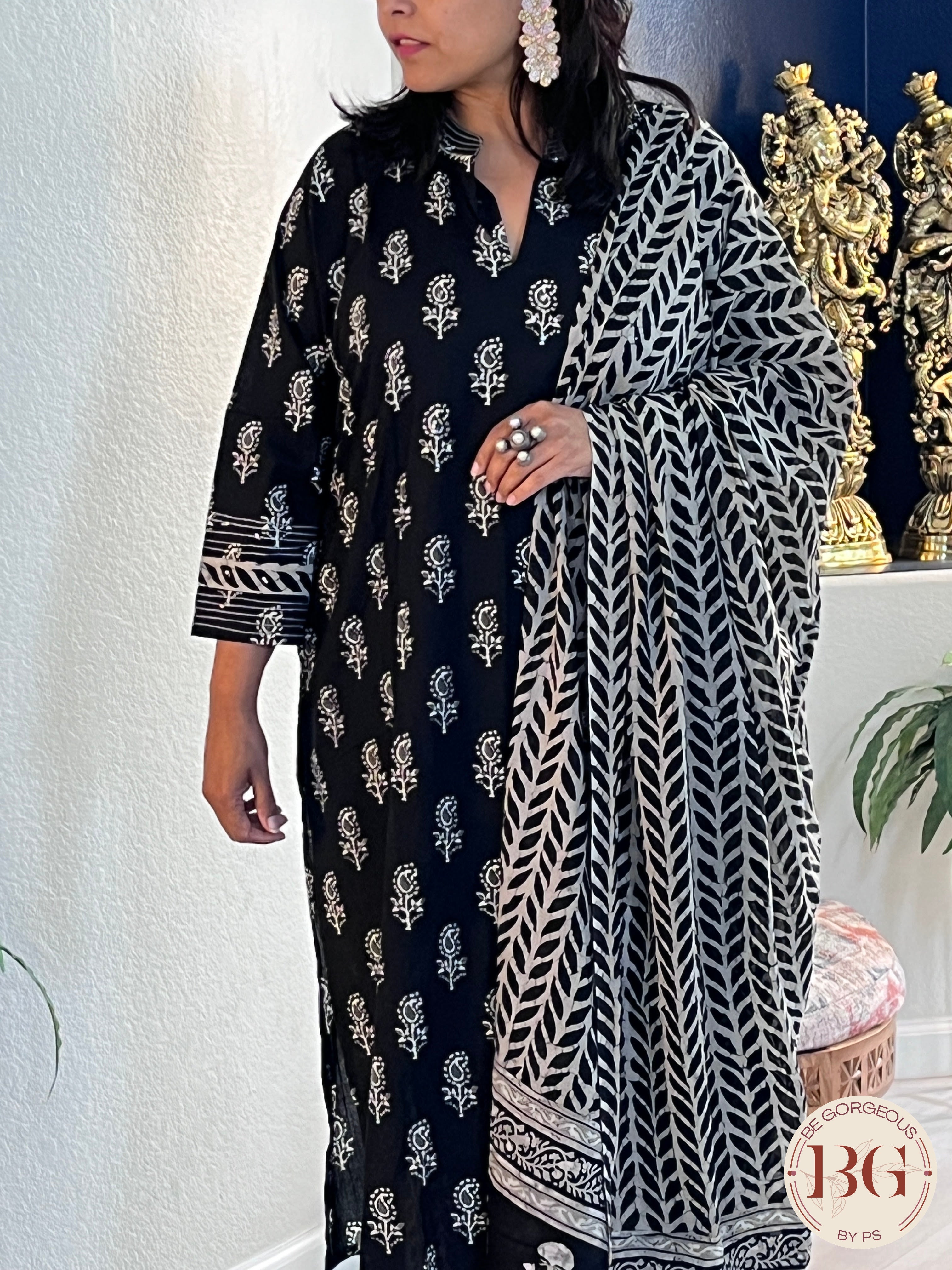 3-piece cotton printed suit set with full size dupatta in black color