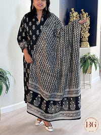 3-piece cotton printed suit set with full size dupatta in black color