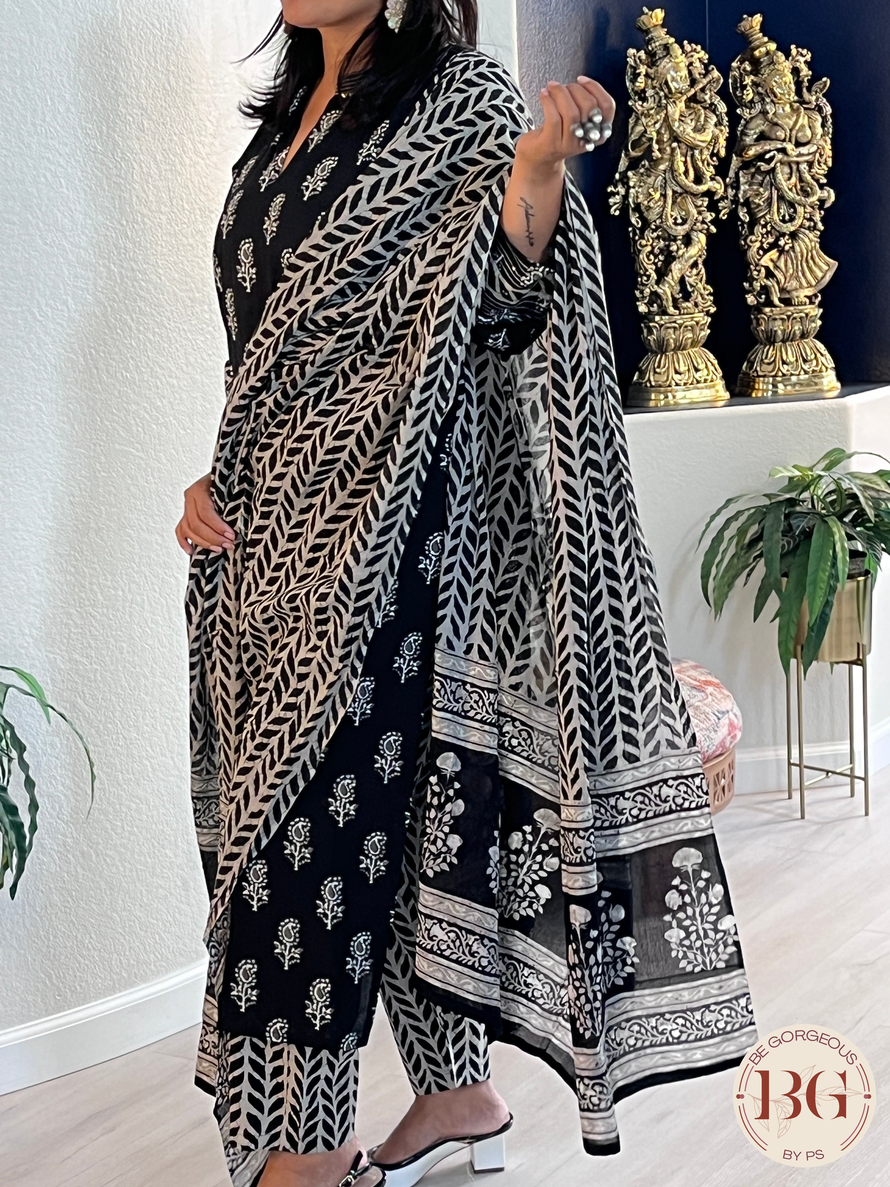 3-piece cotton printed suit set with full size dupatta in black color