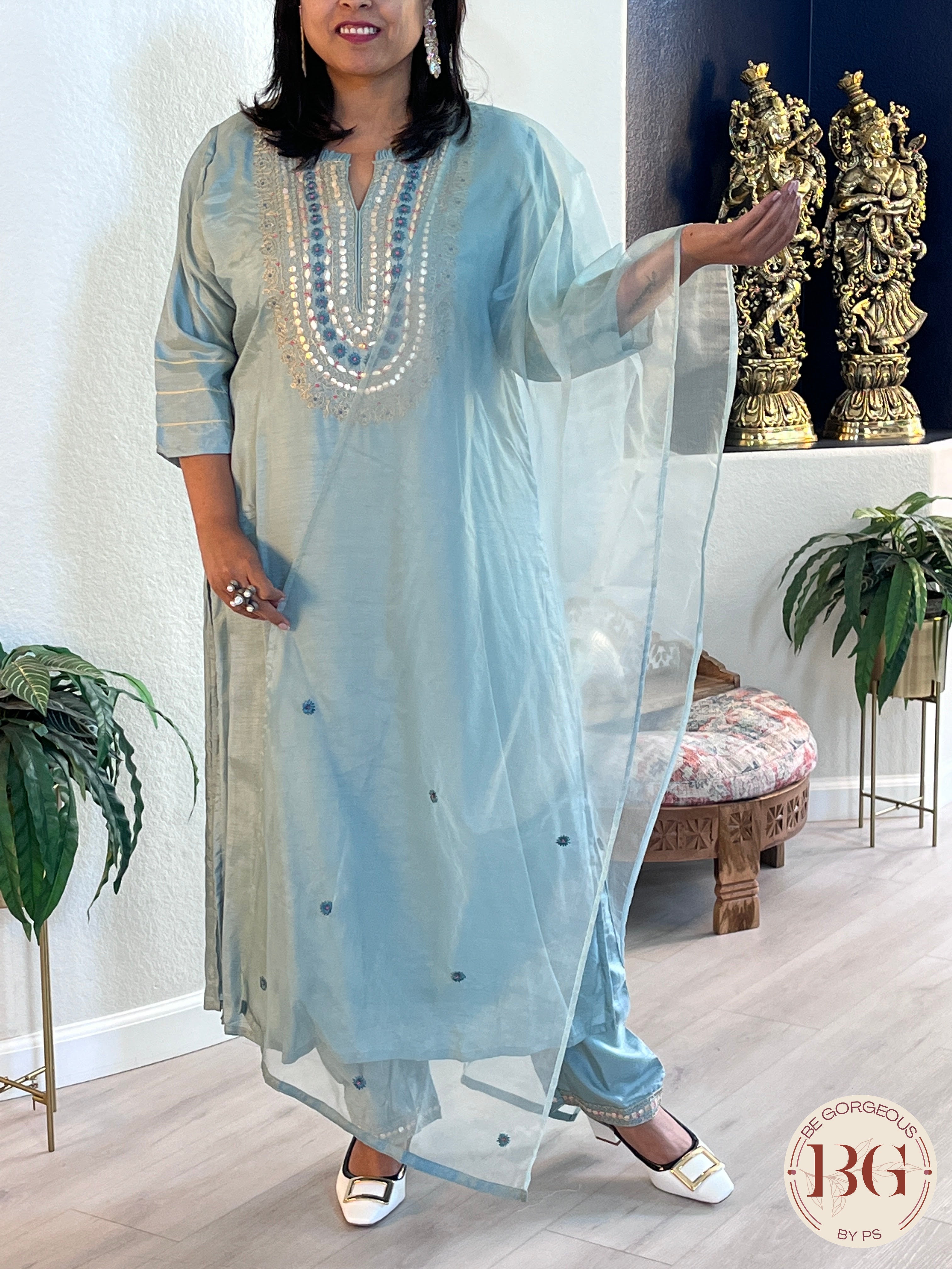 Party wear 3 piece suit with organza dupatta and embroidery on neck