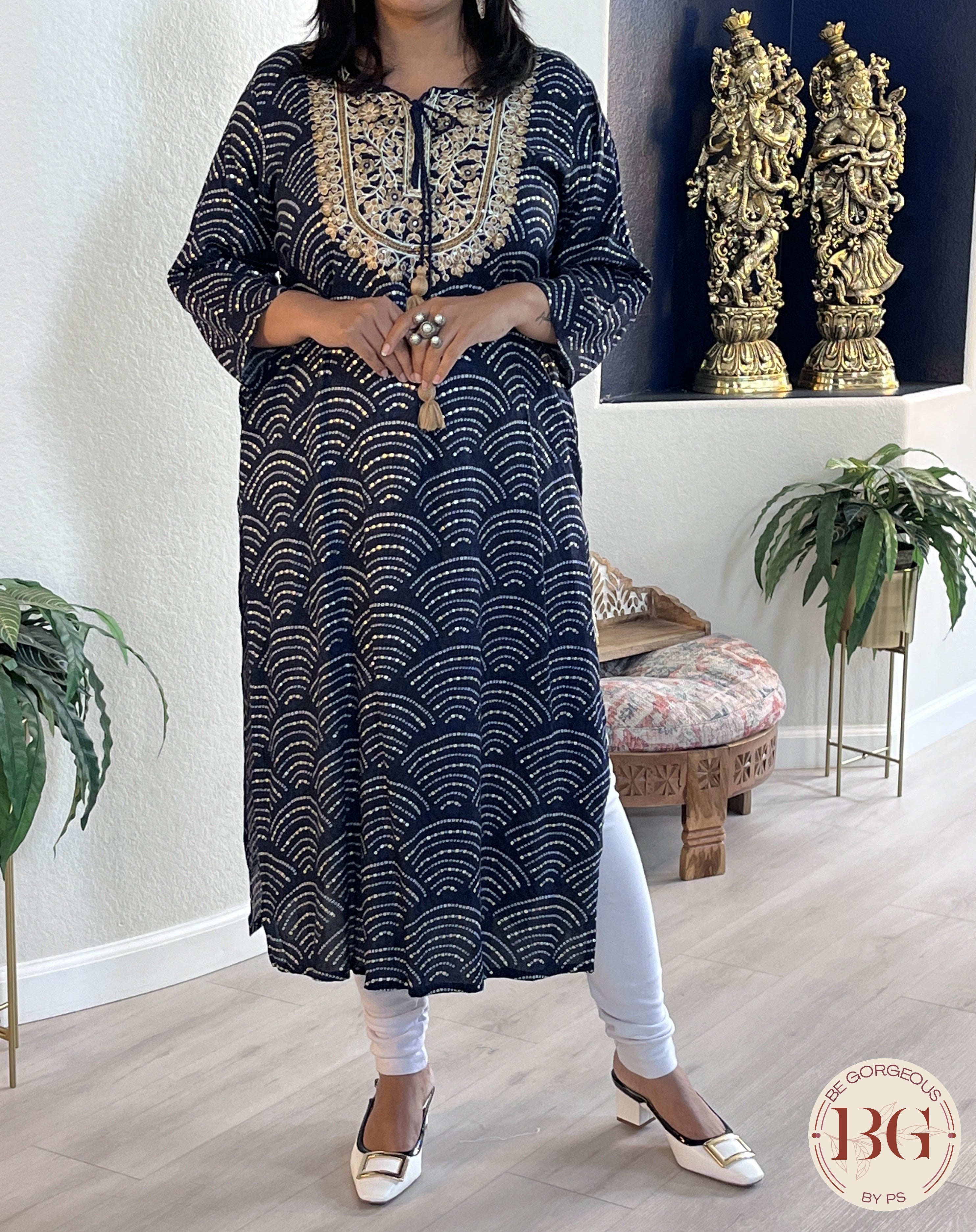 Rayon kurti in bandhani print with embroidery on neck