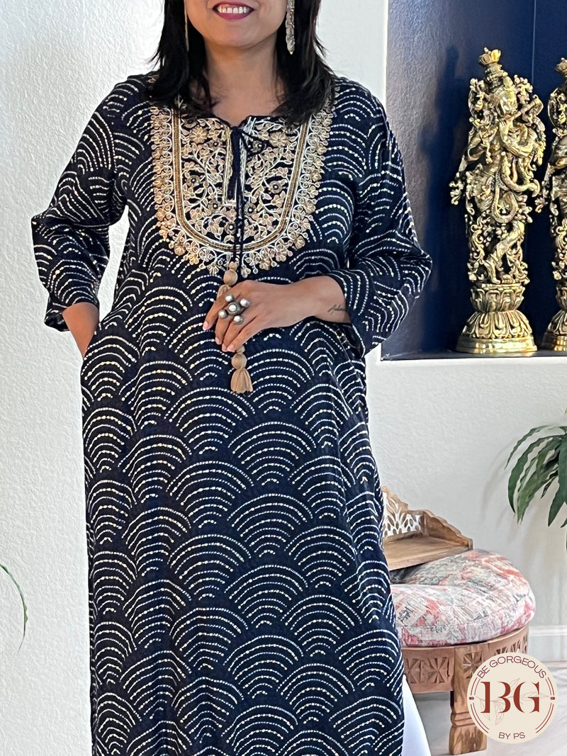Rayon kurti in bandhani print with embroidery on neck