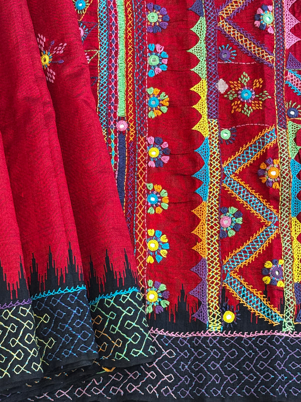 Lambani Embroidery on silk saree - red