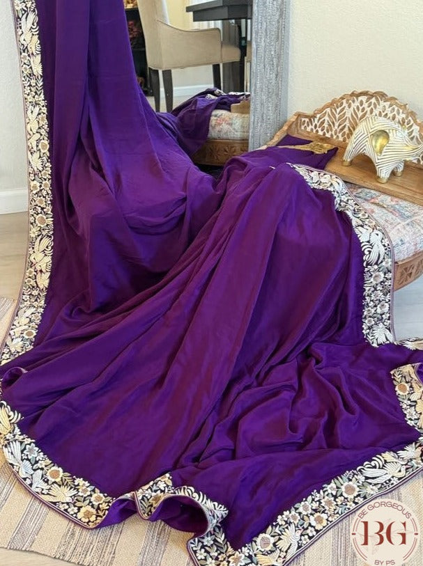 Hand Parsi Gara Embroidery on pure crepe silk - Purple