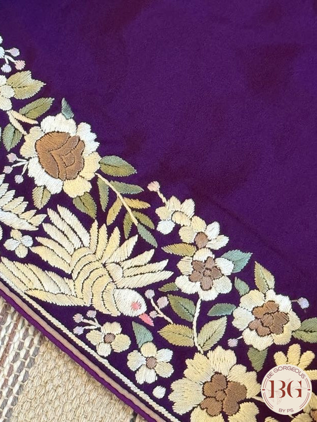 Hand Parsi Gara Embroidery on pure crepe silk - Purple