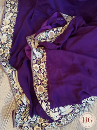 Hand Parsi Gara Embroidery on pure crepe silk - Purple
