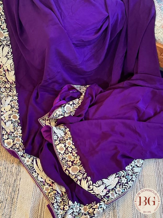 Hand Parsi Gara Embroidery on pure crepe silk - Purple