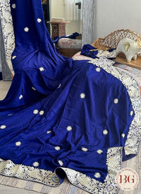 Hand Parsi Gara Embroidery on pure crepe silk - Blue