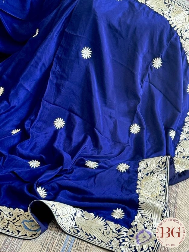 Hand Parsi Gara Embroidery on pure crepe silk - Blue