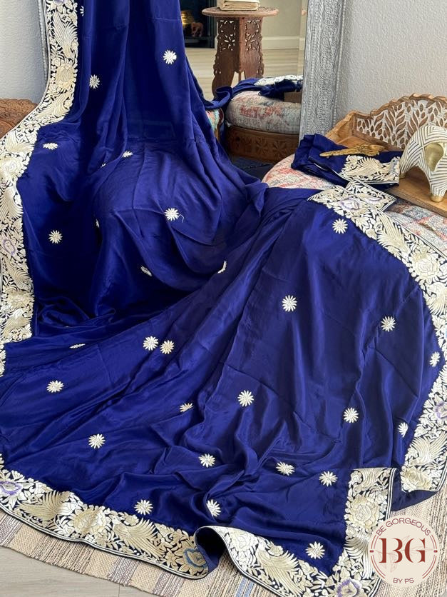 Hand Parsi Gara Embroidery on pure crepe silk - Blue