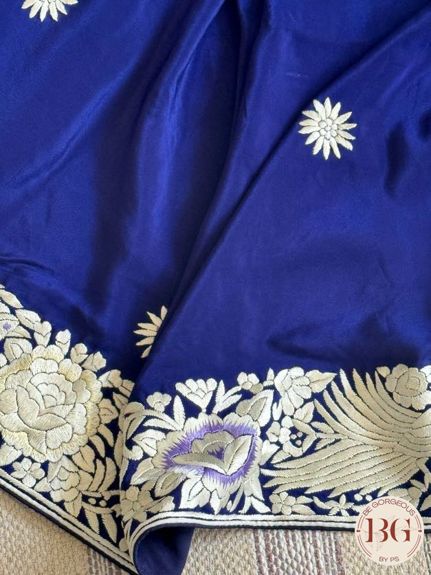 Hand Parsi Gara Embroidery on pure crepe silk - Blue