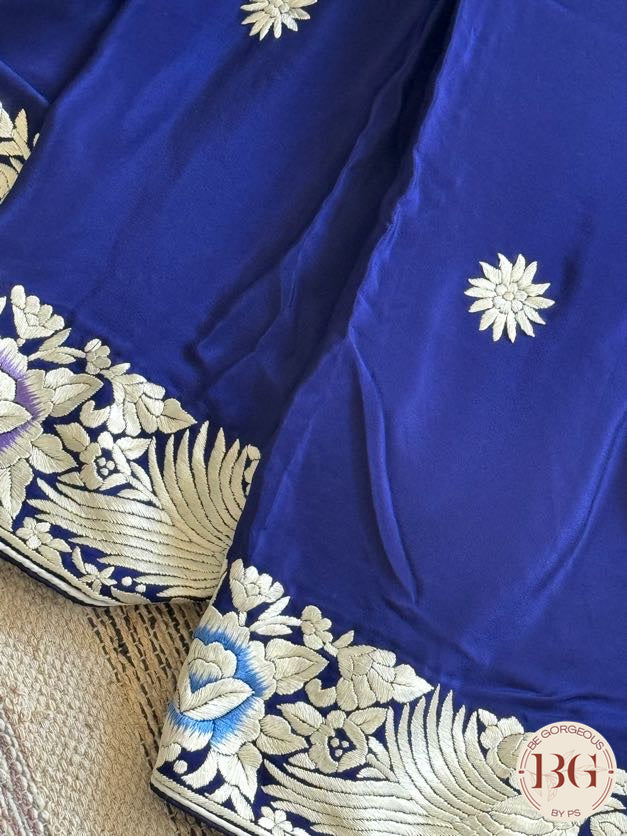 Hand Parsi Gara Embroidery on pure crepe silk - Blue