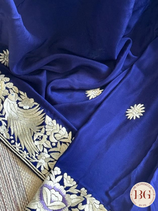 Hand Parsi Gara Embroidery on pure crepe silk - Blue