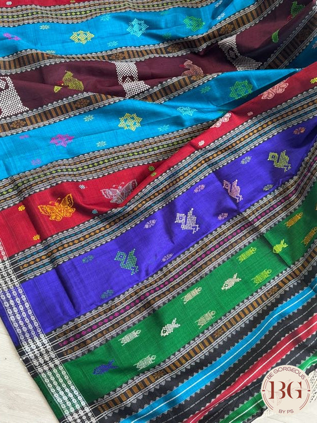 Berhampuri Double pallu checker body pure silk handloom saree - Black