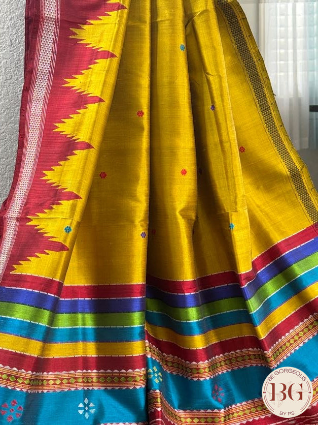 Berhampuri Double pallu pure silk handloom saree - Mustard