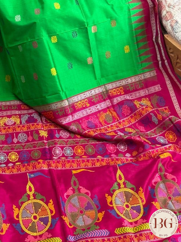 Sambalpuri Nilchakra Jaganath pure silk handloom saree - Green Megenta