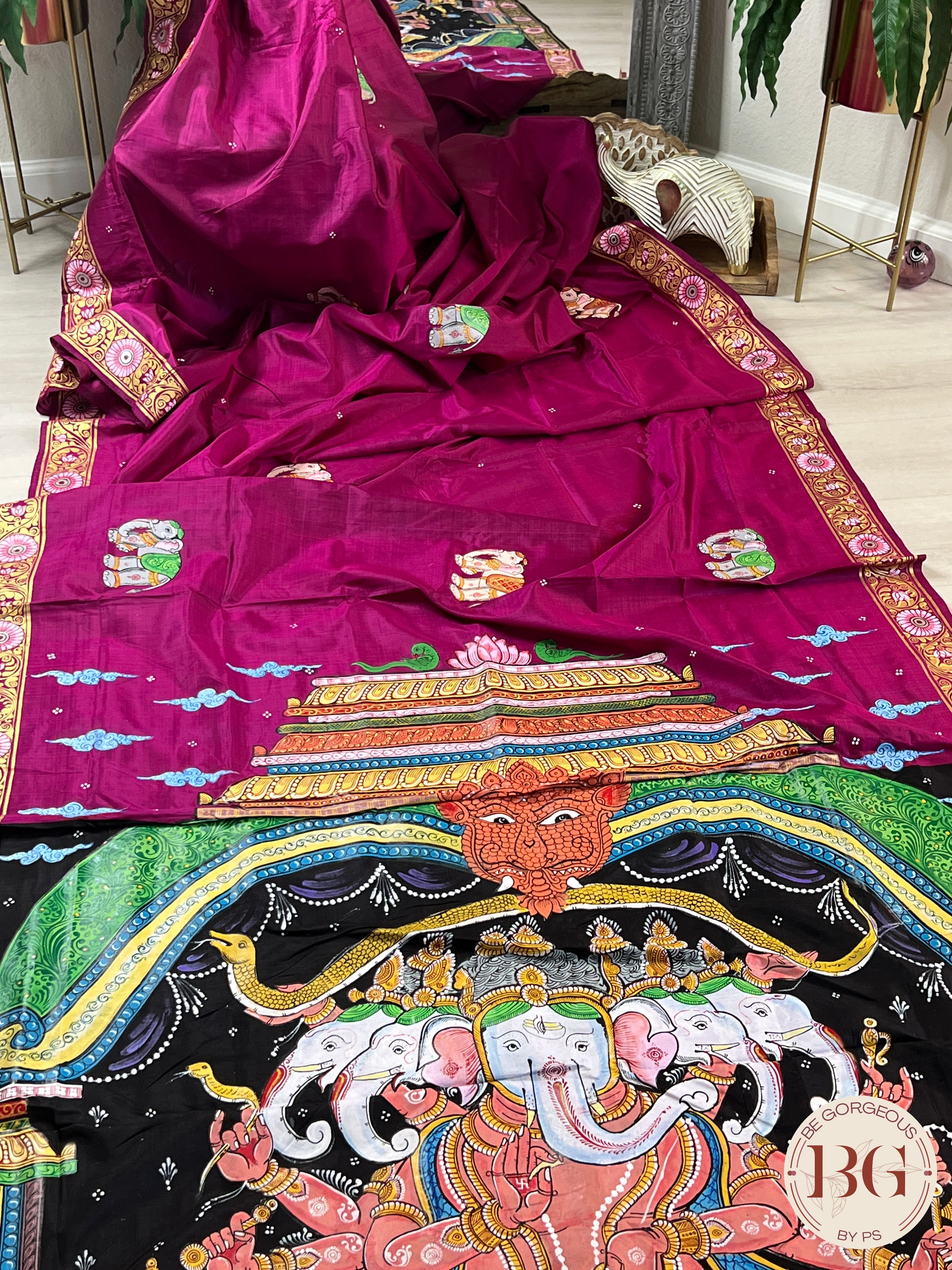 Pattachitra hand painted mulberry silk saree with ganesha - pink/purple