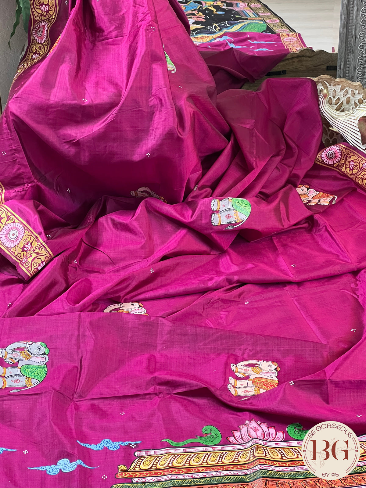 Pattachitra hand painted mulberry silk saree with ganesha - pink/purple