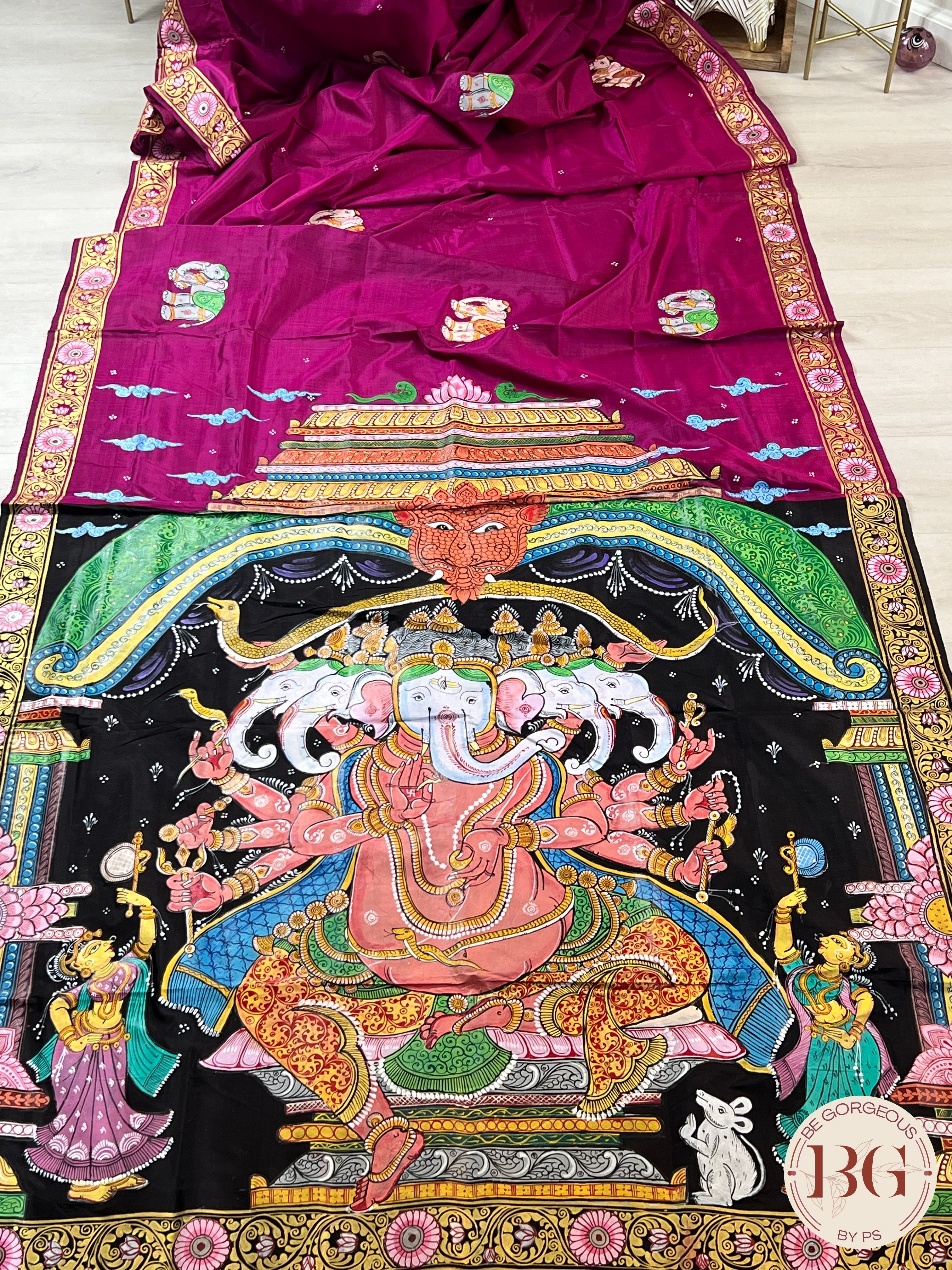 Pattachitra hand painted mulberry silk saree with ganesha - pink/purple