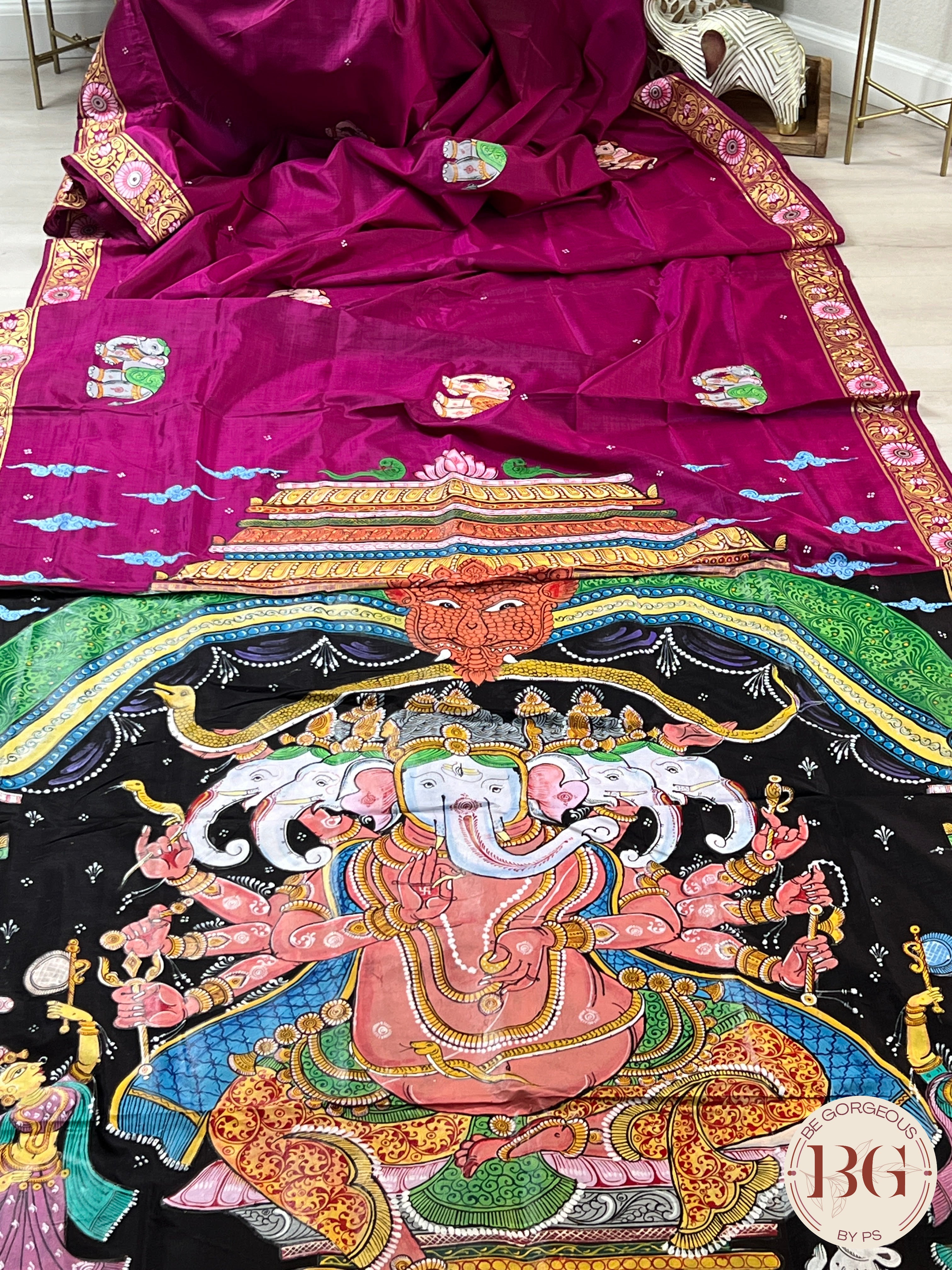 Pattachitra hand painted mulberry silk saree with ganesha - pink/purple