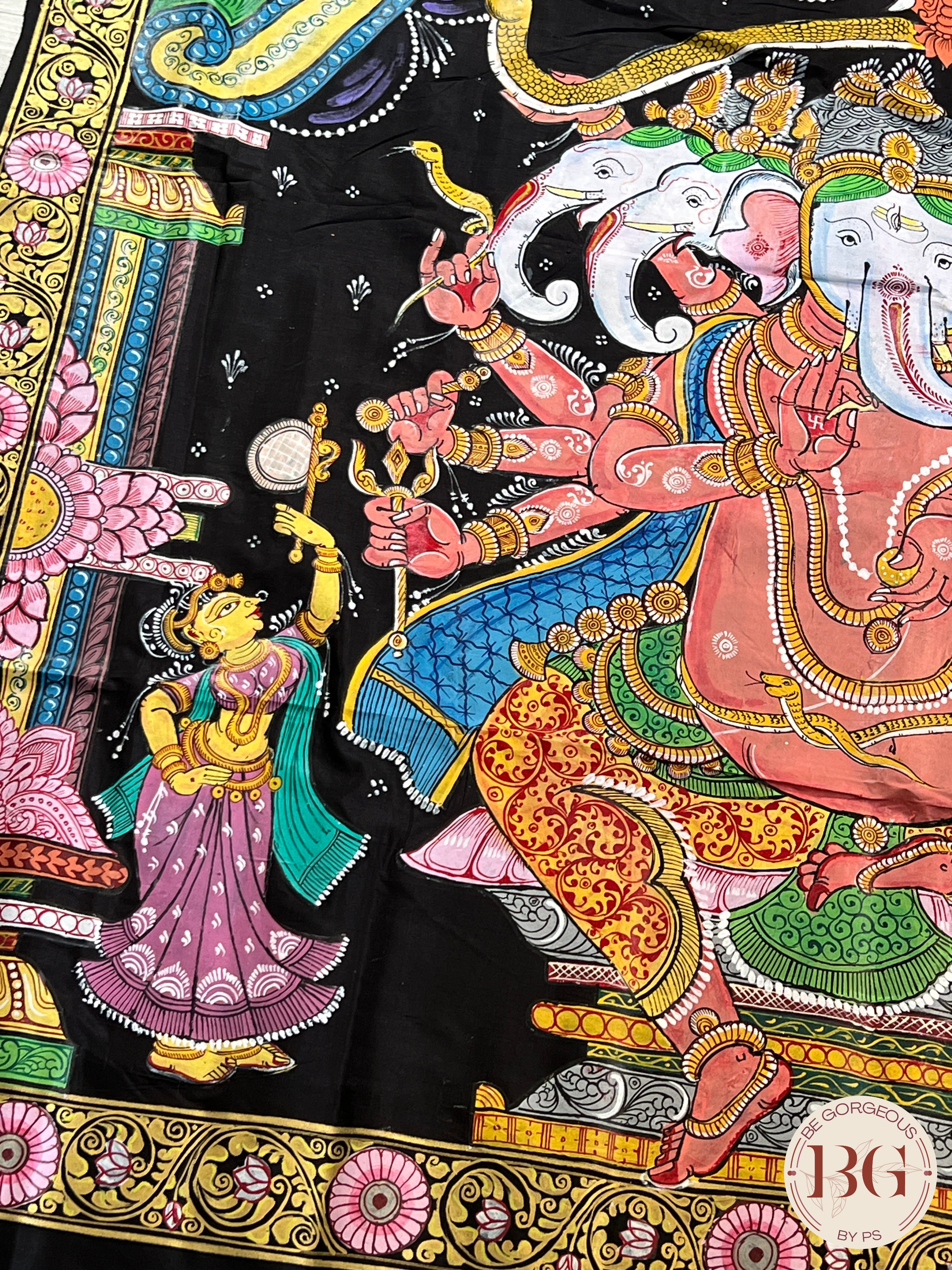 Pattachitra hand painted mulberry silk saree with ganesha - pink/purple