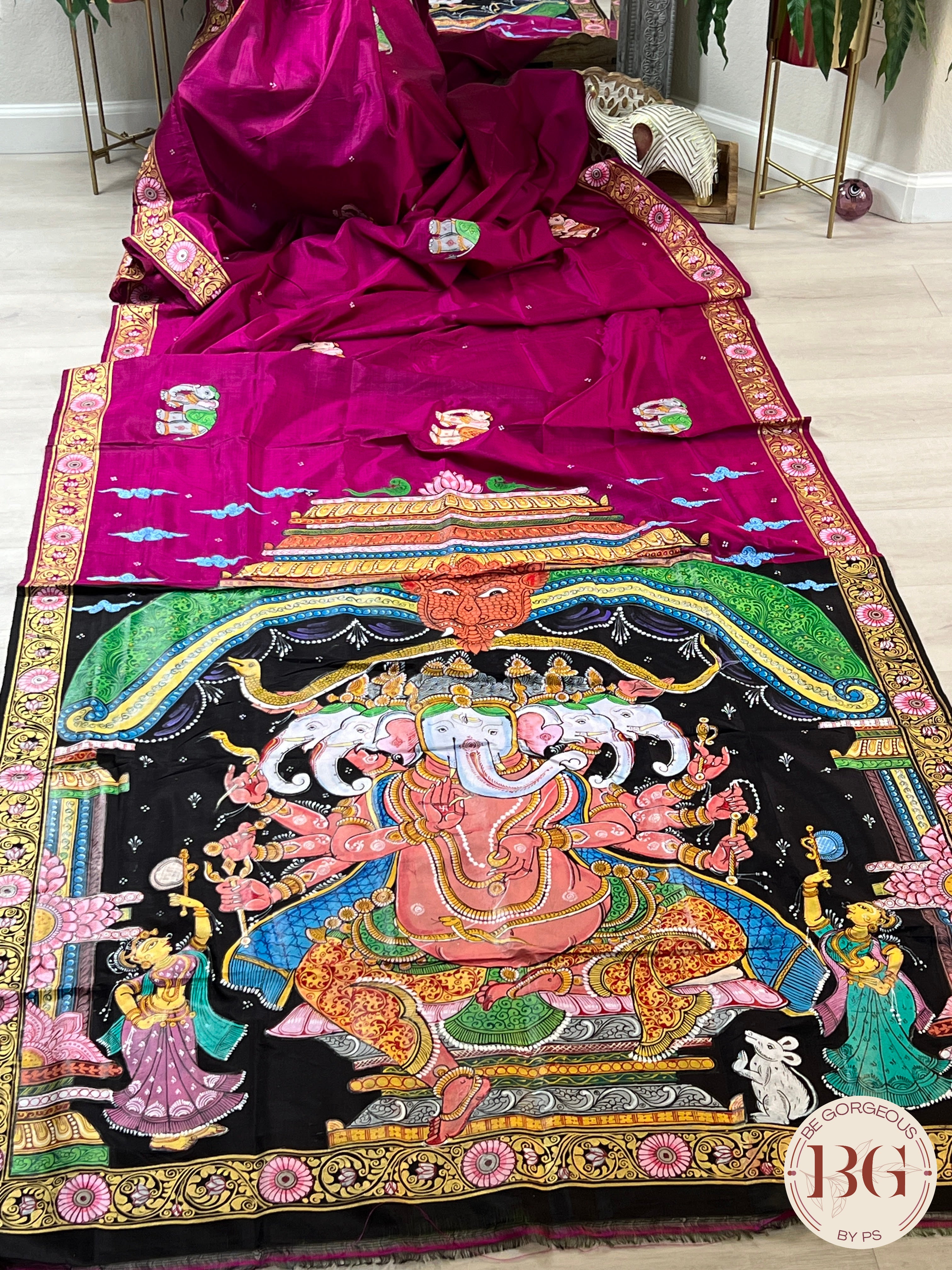 Pattachitra hand painted mulberry silk saree with ganesha - pink/purple