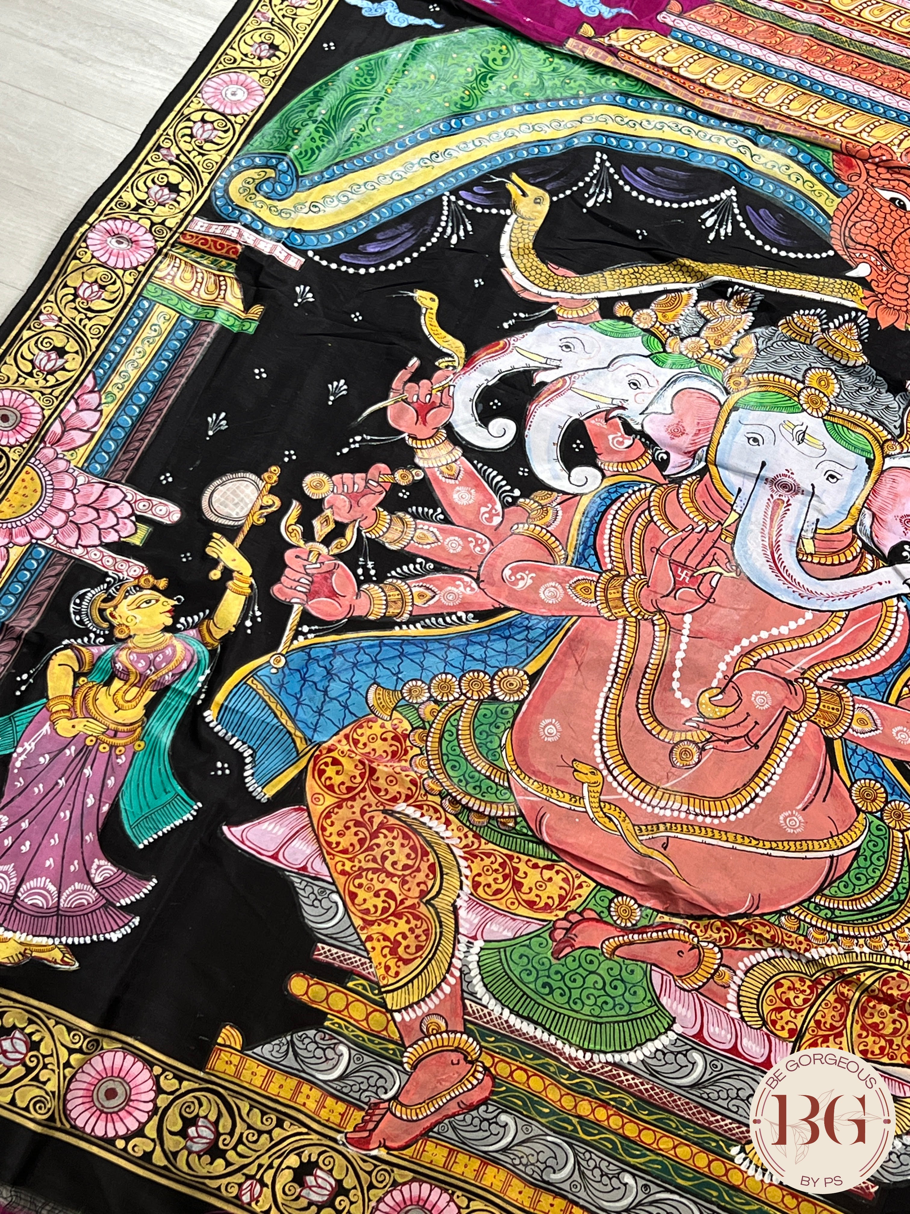 Pattachitra hand painted mulberry silk saree with ganesha - pink/purple