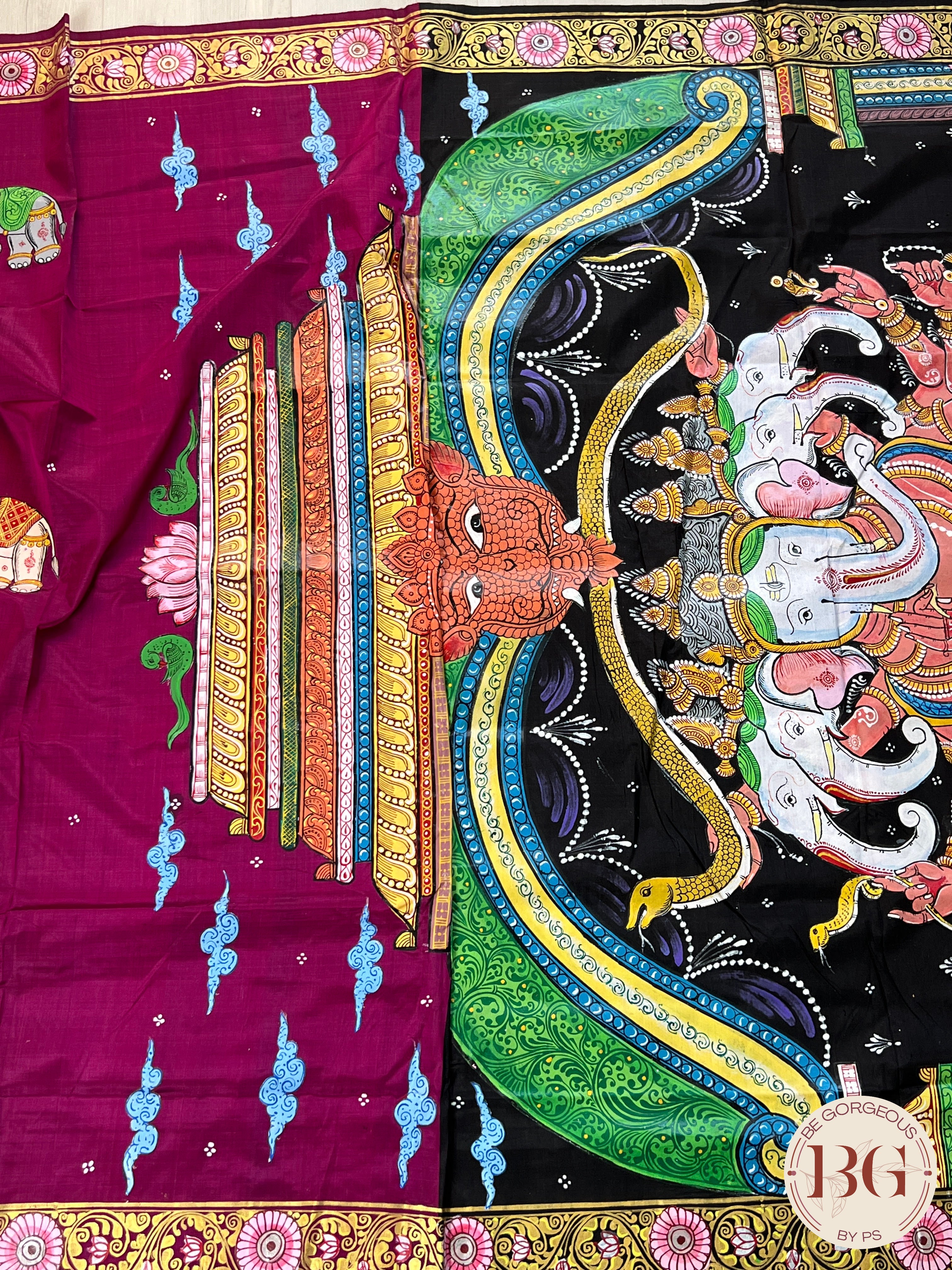 Pattachitra hand painted mulberry silk saree with ganesha - pink/purple